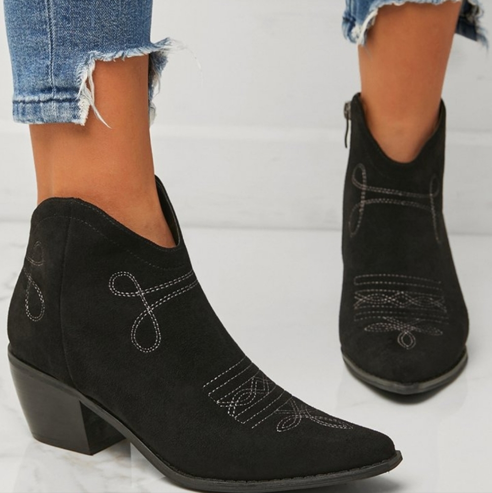 Black Ankle Heeled Boots with White Stitching